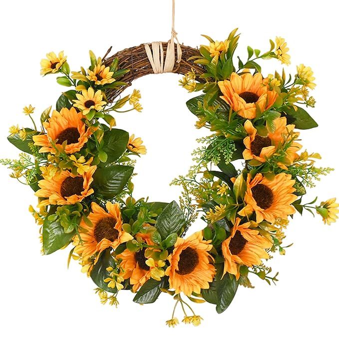 Artificial Sunflower Wreath Flower Wreath with Yellow Sunflower and Green Leaves for Front Door I... | Amazon (US)