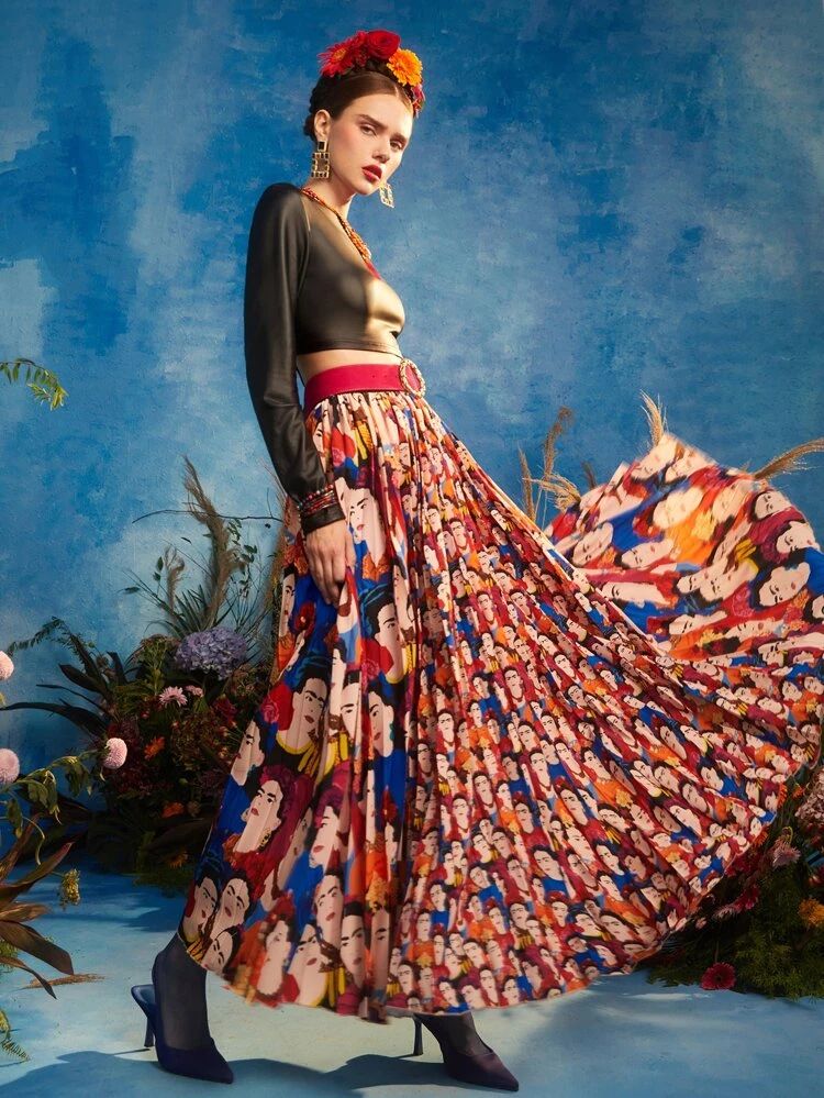 Frida Kahlo X SHEIN X Designer Allover Figure Graphic Pleated Skirt | SHEIN