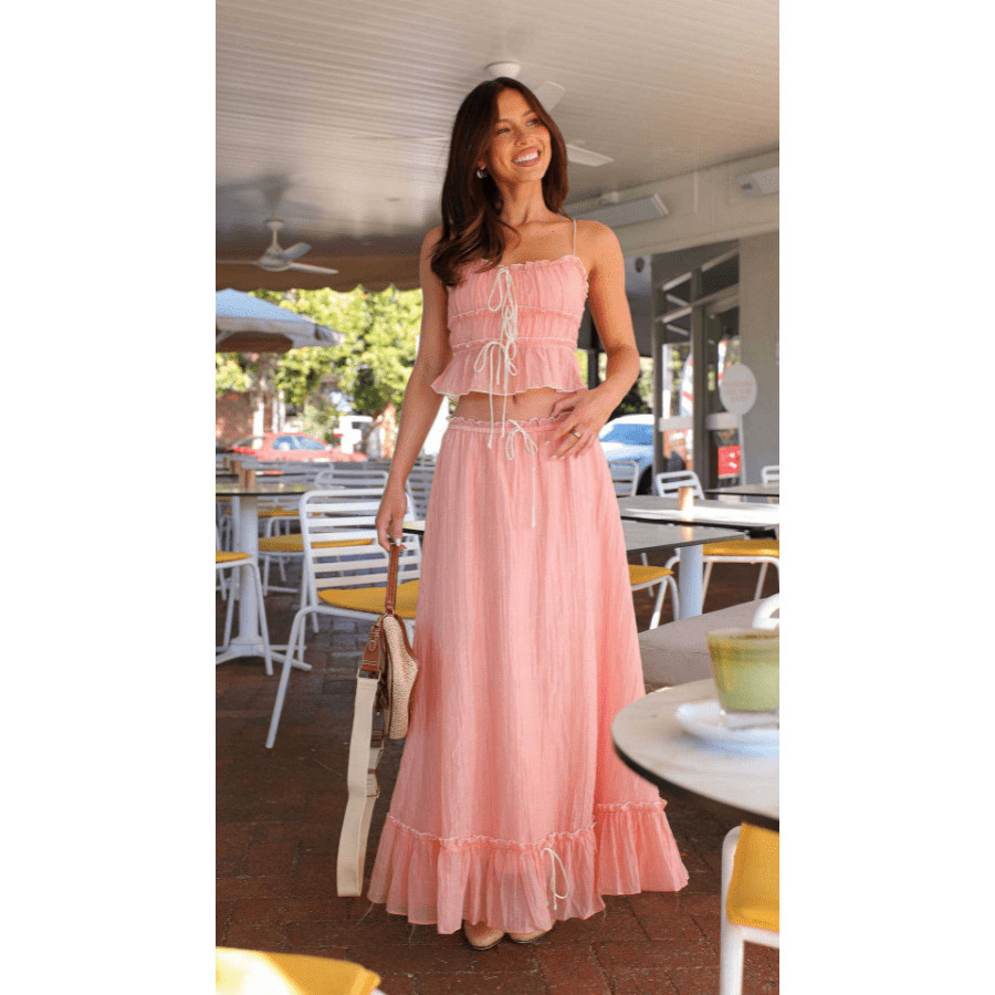 HAZARDIFYAN Women Summer Y2k Long Skirts 2 Piece Outfits Patchwork Front Tie-Up Ruched Ruffle Camisoles Maxi Skirts Set | SHEIN
