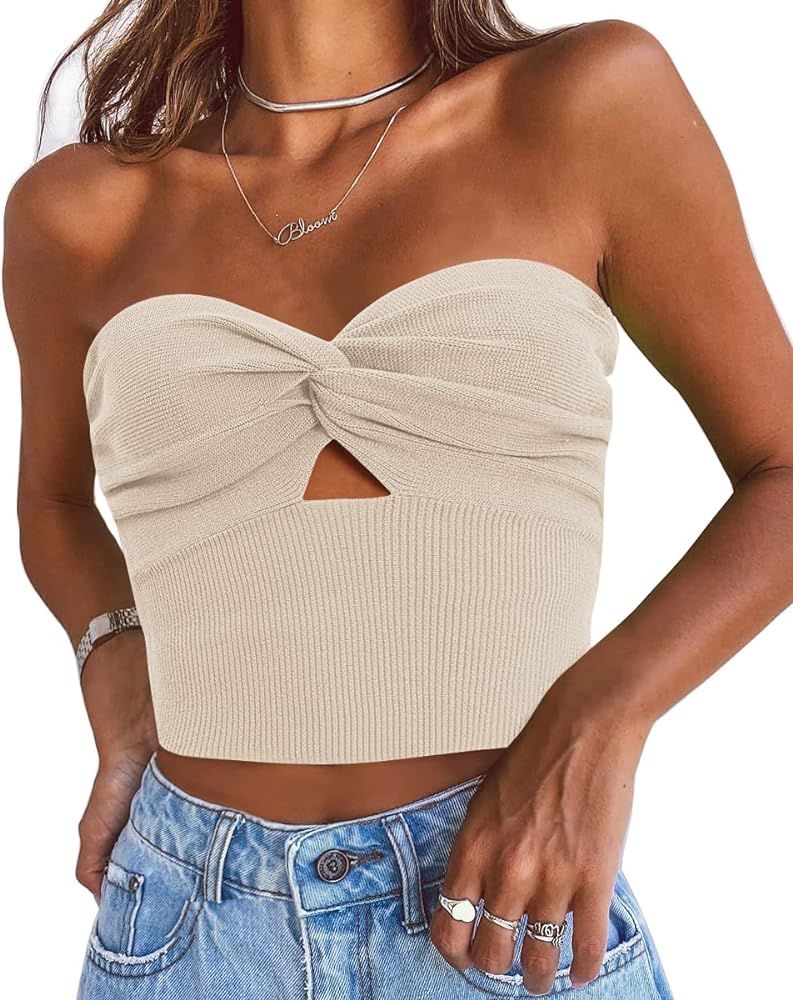 EFAN Womens Cut Out Twist Knot Front Tube Tops Bandeau Ribbed Knit Y2K Sexy Strapless Crop Tank Bust | Amazon (US)