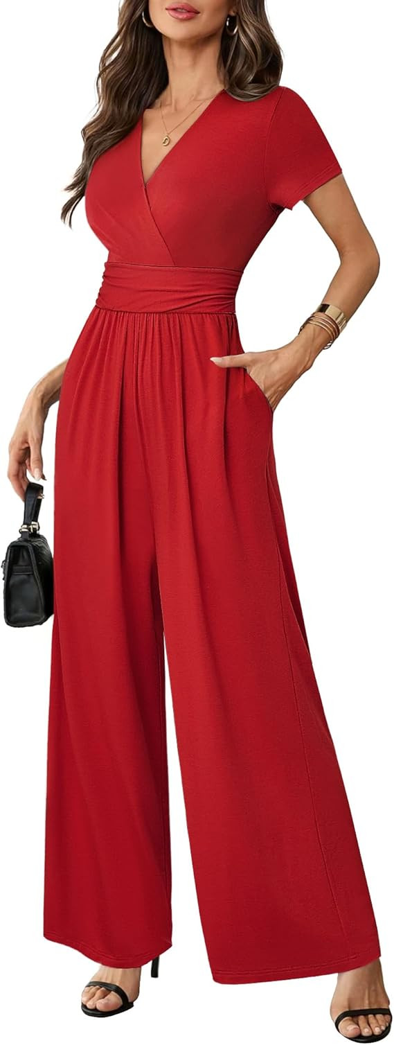 Women Dressy Casual Jumpsuits Elegant High Waist Side Ruched Romper Summer Short Sleeves Wide Leg... | Amazon (US)