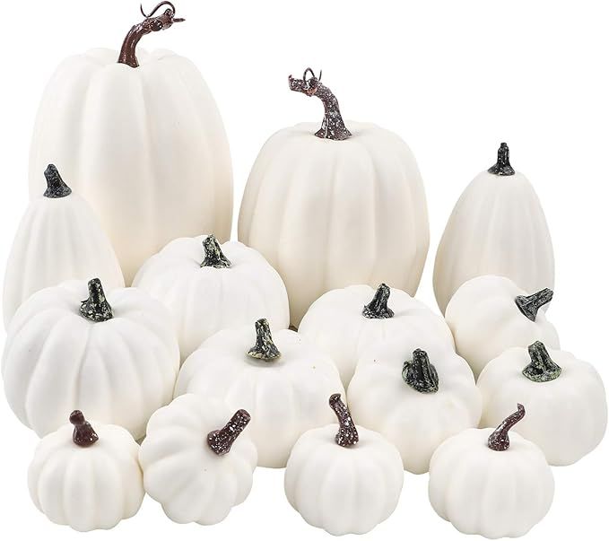 FUNARTY 16pcs White Artificial Pumpkin Various Sizes Pumpkin Decorations for Fall Harvest Party, ... | Amazon (US)