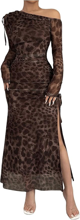 Milumia Women's Leopard Mesh Asymmetrical Neck Maxi Dress Long Sleeve Drawstring Slit Thigh Dress... | Amazon (US)