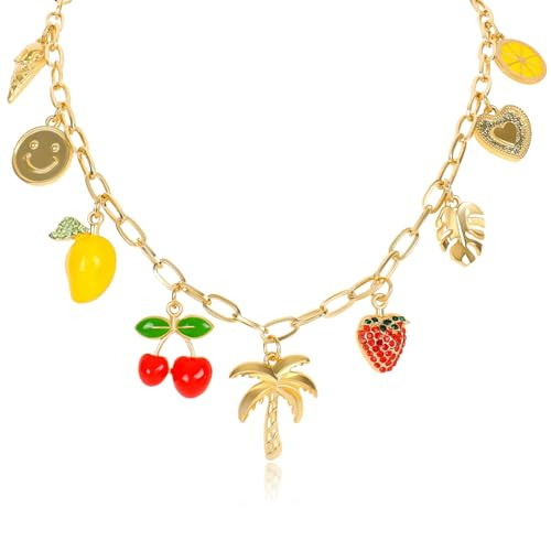 NALISASA Gold Plated Paperclip Chain Charm Necklace for Women Dainty Cherry Strawberry Fashion Coconut Tree Boho Fruit Beach Jewellery for women | Amazon (US)