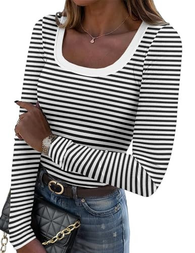 Zeagoo Fall Tops for Women 2025 Fashion Long Sleeve Top Striped Basic Tee Black and White | Amazon (US)
