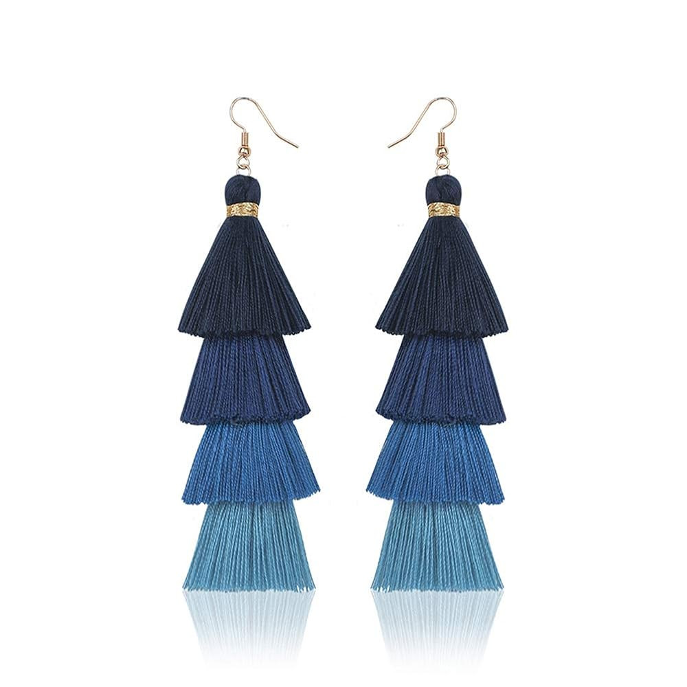 Bohemian Layered Long Pom Pom Tassel Earrings Drop Dangle Tiered Ombre Fringe for Women | Amazon (US)