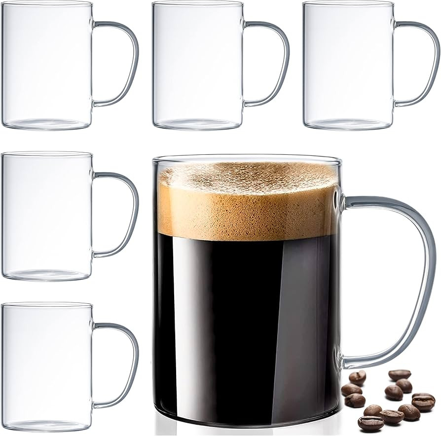Set of 6 Ultra Durable Sleek Glass Coffee Mugs with Handle, Clear Borosilicate Glass Teacups, Cof... | Amazon (US)