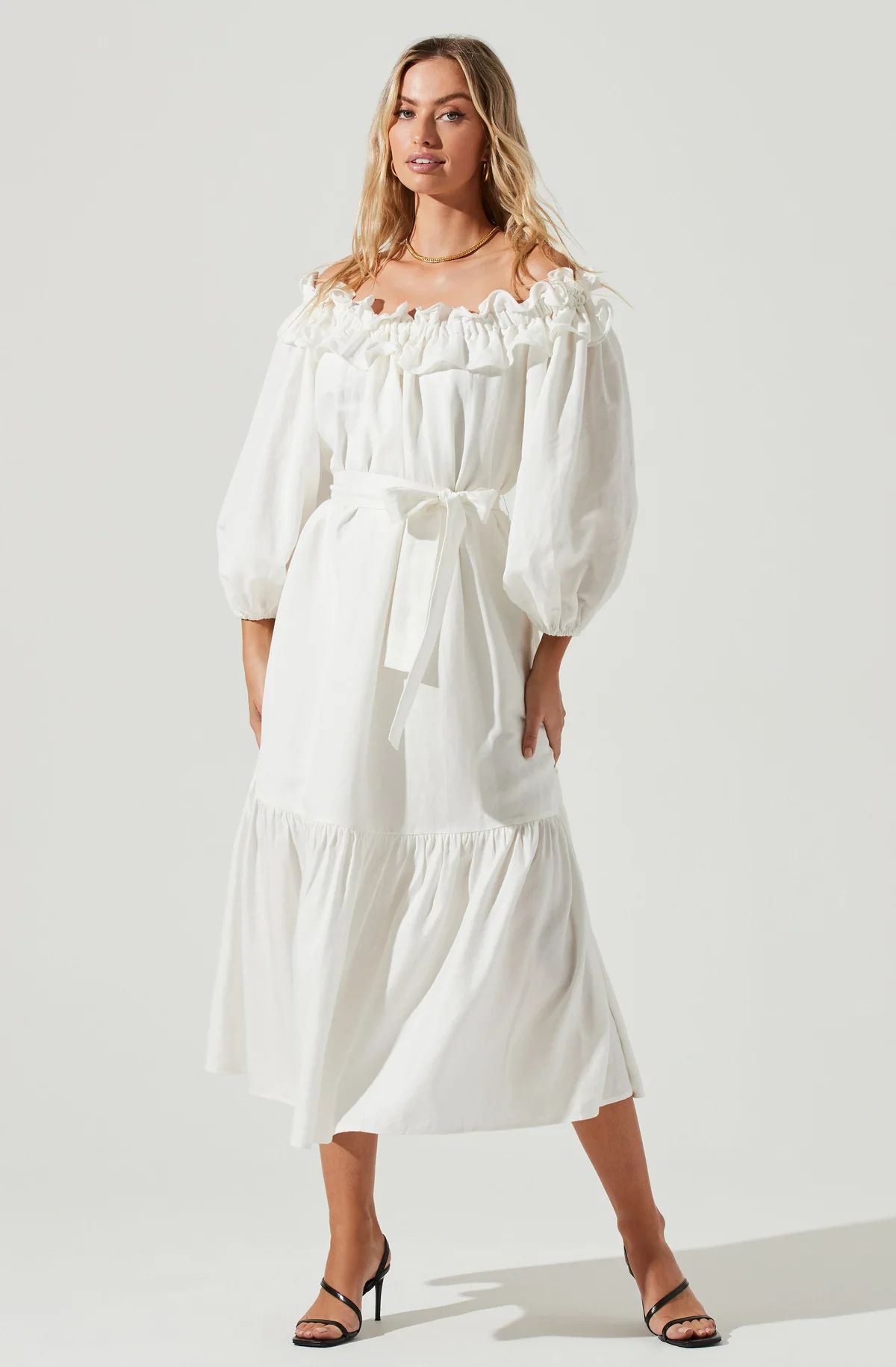 Briony Ruffle Tie Waist Puff Sleeve Midi Dress | ASTR The Label (US)