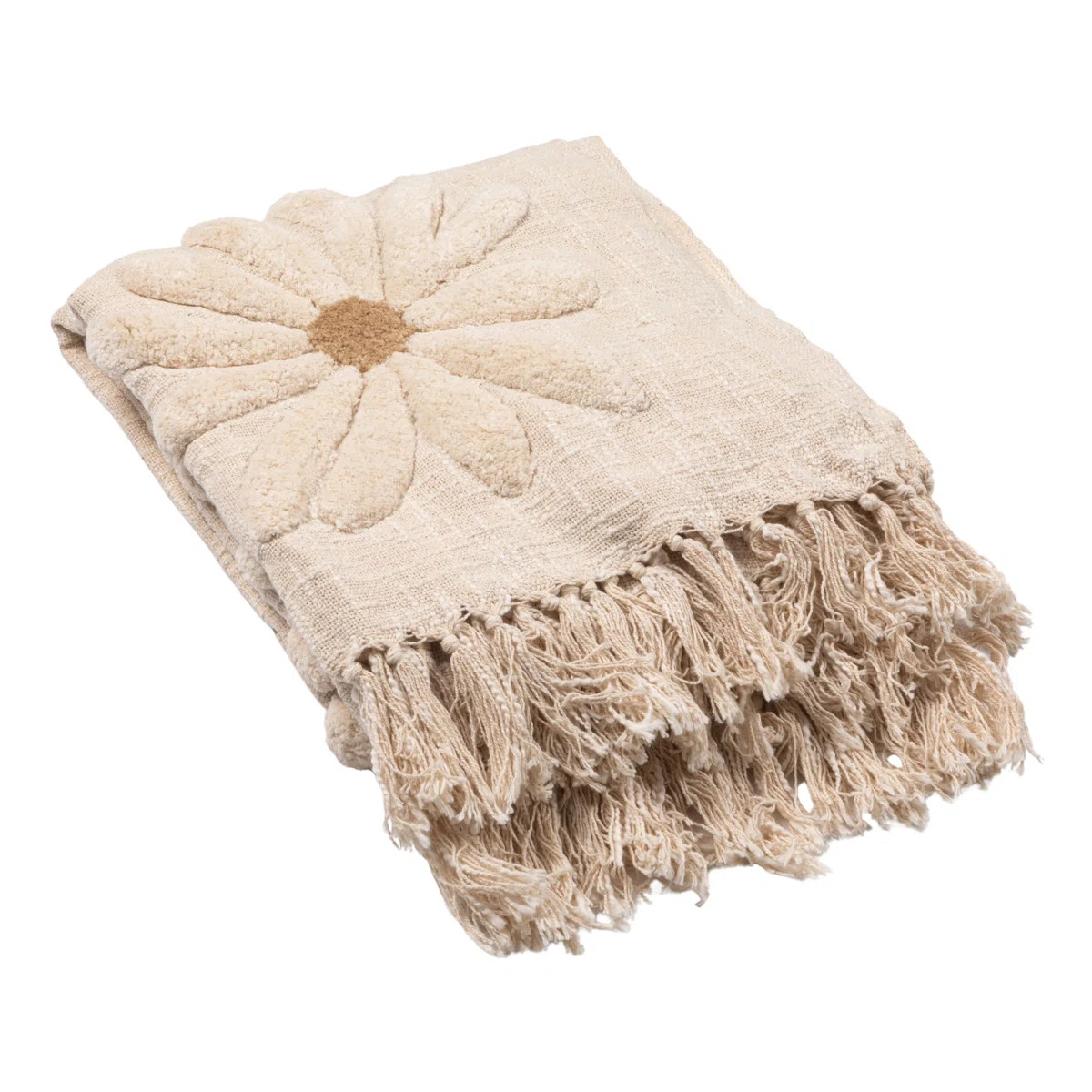 Cotton Slub Throw With Tufted Flowers And Fringe | Wayfair North America
