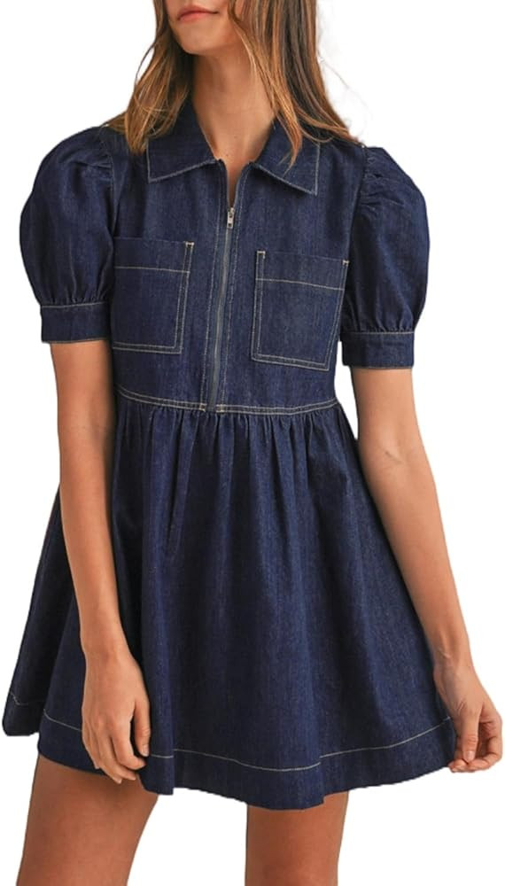 Melliflo Zipped Up Denim Dress for Women Lapel Neck Short Puff Sleeve High Waist Babydoll Mini Dr... | Amazon (US)