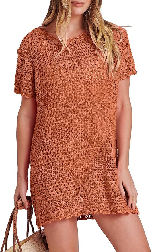 ANRABESS Women Swimsuit Crochet Swim Cover Up Summer Bathing Suit Swimwear Knit Short Sleeve Pull... | Amazon (US)