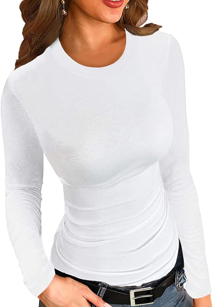Afibi Women Ribbed Long Sleeve Crew Neck Slim Fit Stretchy Basic T Shirts Tops | Amazon (US)