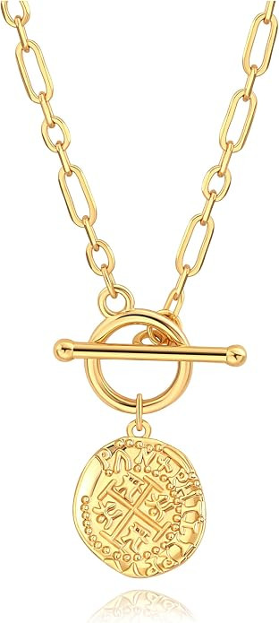 18k Gold Plated Chain Link Necklace for Women, Baroque Pearl/Compass Pendant Necklace | Amazon (US)