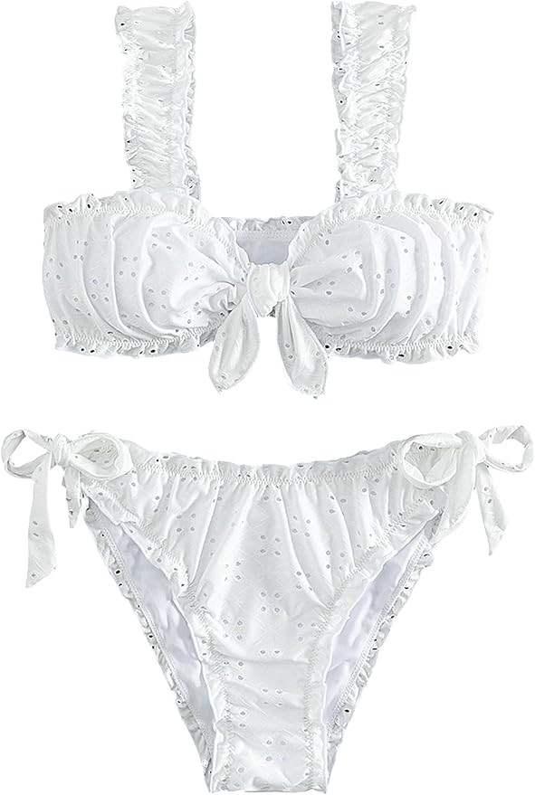 SHENHE Women's 2 Piece Cute Ruffle Swimsuit Knot Front Eyelet Tie Side Cut Bikini Set | Amazon (US)