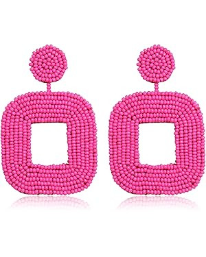 Boderier Beaded Drop Earrings Bohemian Wire Wrapped Beaded Square Hoop Dangle Statement Earrings | Amazon (US)