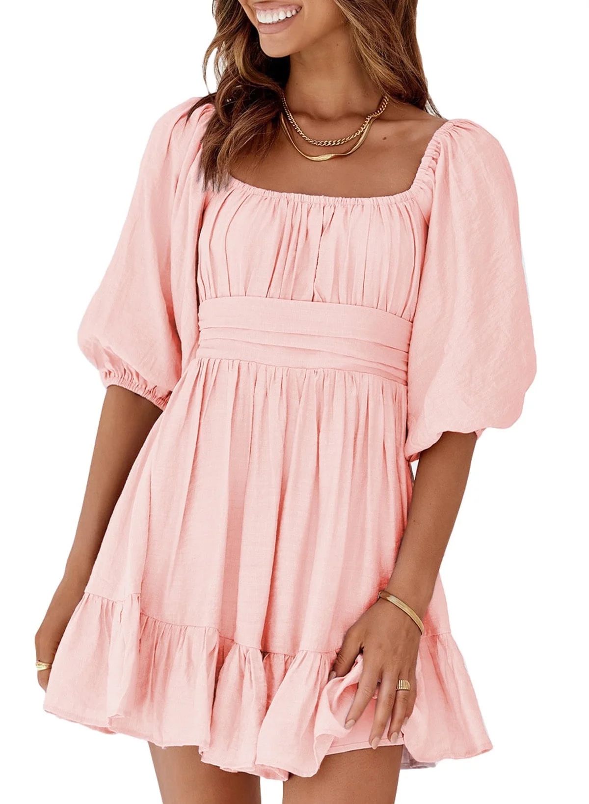 Canikat Women's Mini Dress Short Sleeve Square Neck Tie Waist A Line Mini Short Dress | Walmart (US)