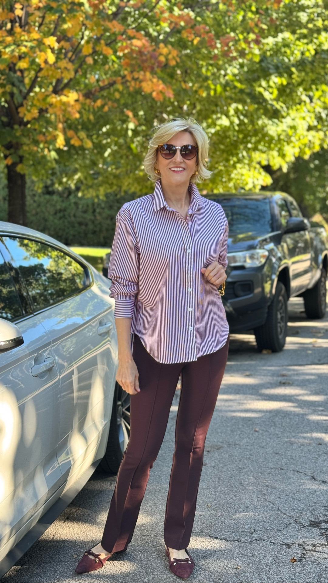 One of those outfits that just works 🤍
This Spanx look has quickly become a favorite — a striped oversized shirt paired with raisin-colored flared pants that are comfy but still feel polished. Finished off with suede ballet flats for that easy, everyday chic vibe. Effortless, wearable, and perfect for days when you want to look put together without trying too hard ✨

#LTKootd #LTKSeasonal #LTKOver40