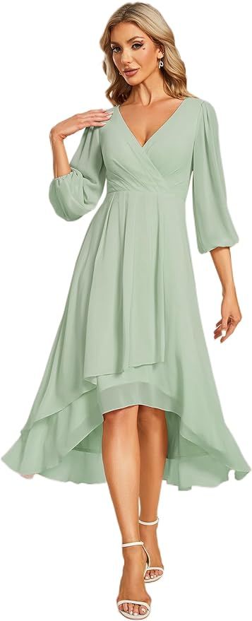 Ever-Pretty Women's Chiffon Spring V Neck Long Sleeves Pleated A-Line Midi Length Wedding Guest D... | Amazon (US)