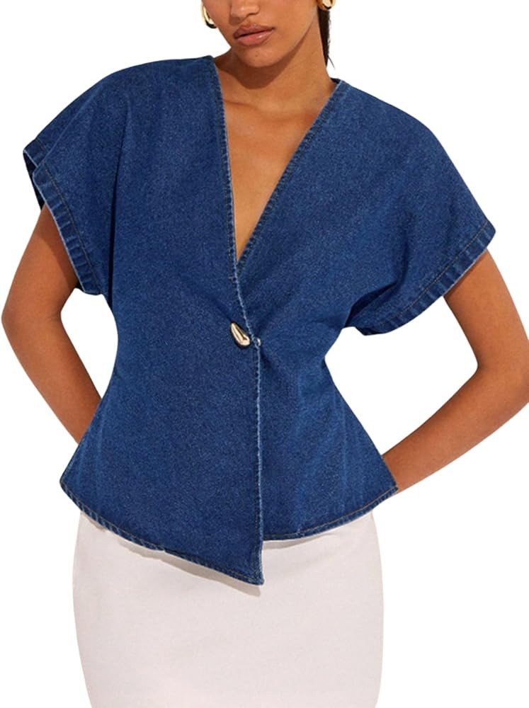 Floerns Women's Asymmetrical Denim Blouses Button Dolman Sleeve Wrap V Neck Jeans Tops | Amazon (US)