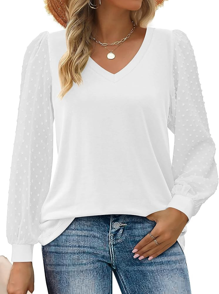 Zeagoo Women's Blouses Dressy Casual V Neck Top Swiss Dot Balloon Long Sleeve Shirts | Amazon (US)