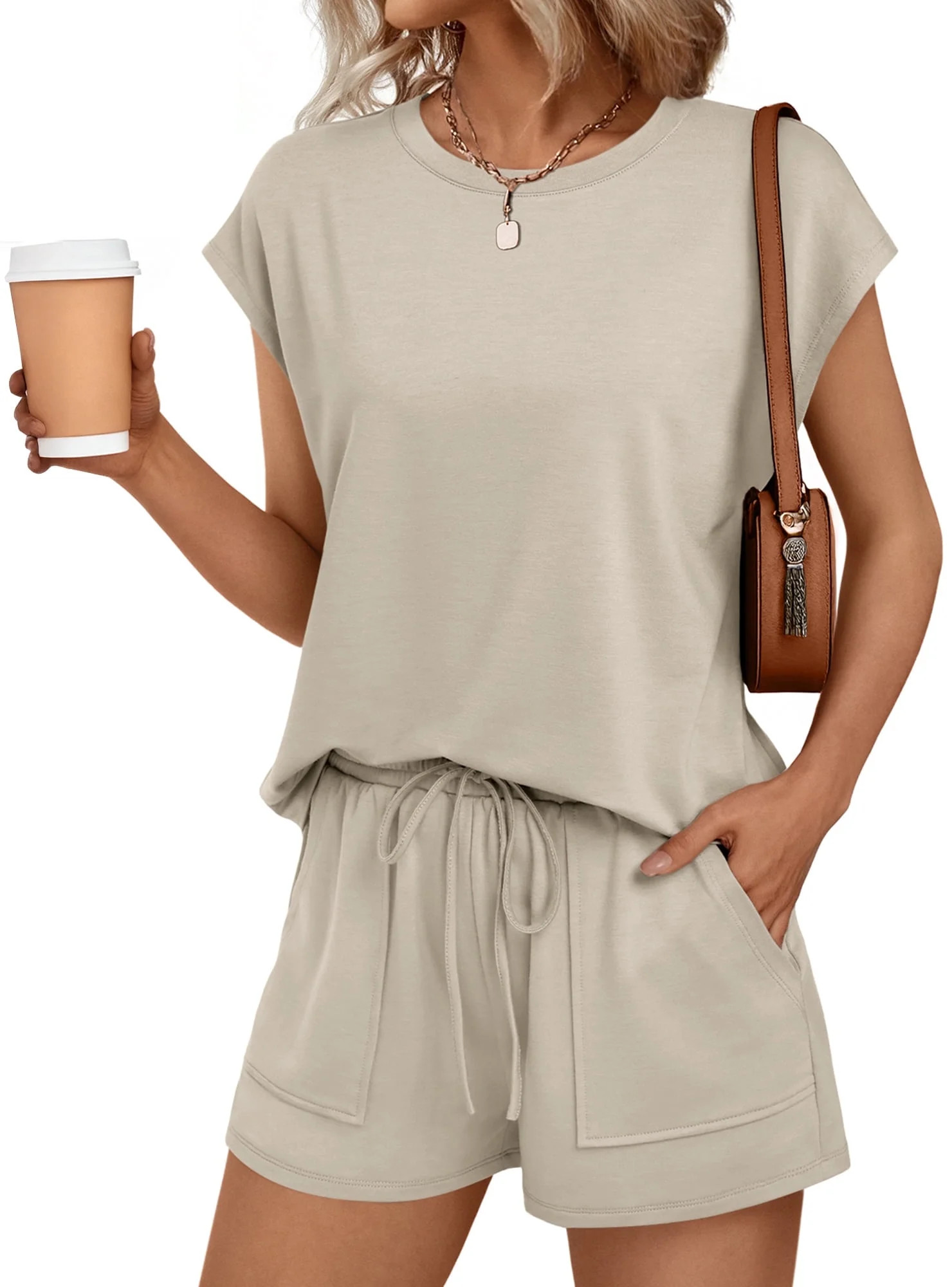 SUNBS Lounge Sets for Women Two Piece Outfits Sweatsuit Crew Neck Short Sets Cap Sleeve Drawstrin... | Walmart (US)