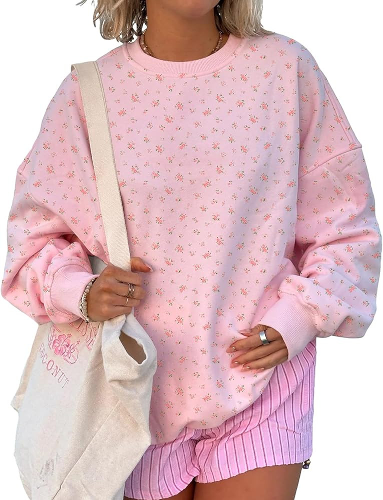 Cioatin Women Oversized Ditsy Floral Crewneck Sweatshirt Lightweight Fleece Drop Shoulder Pullove... | Amazon (US)