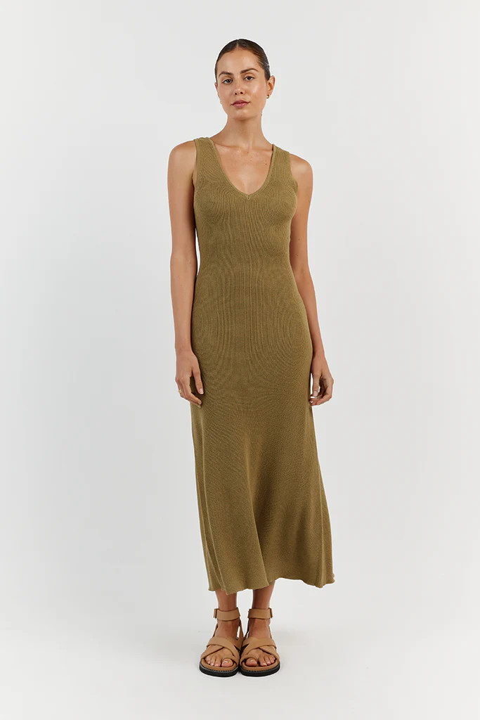 ASHER PISTACHIO V NECK MIDI DRESS | DISSH