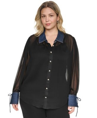 Karl Lagerfeld Paris Plus Size Mixed Media Collared Button-Front Top - Black | Macy's