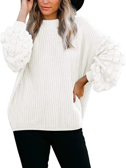 Sovoyontee Women's Cute Oversized Crewneck Loose Puff Sleeves Chunky Knit Pullover Sweater | Amazon (US)