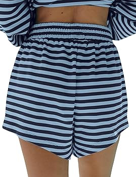 Women Low Rise Striped Drawstring Casual Loose Wide Leg Shorts with Pockets | Amazon (US)