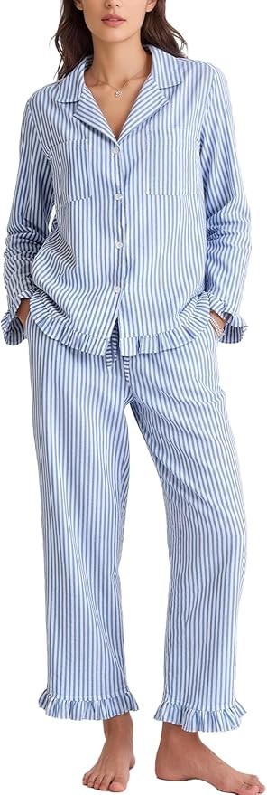 Flygo Womens Striped 2 Piece Pajama Sets Ruffle Cotton Sleepwear | Long Sleeve, Button Down, V Ne... | Amazon (US)