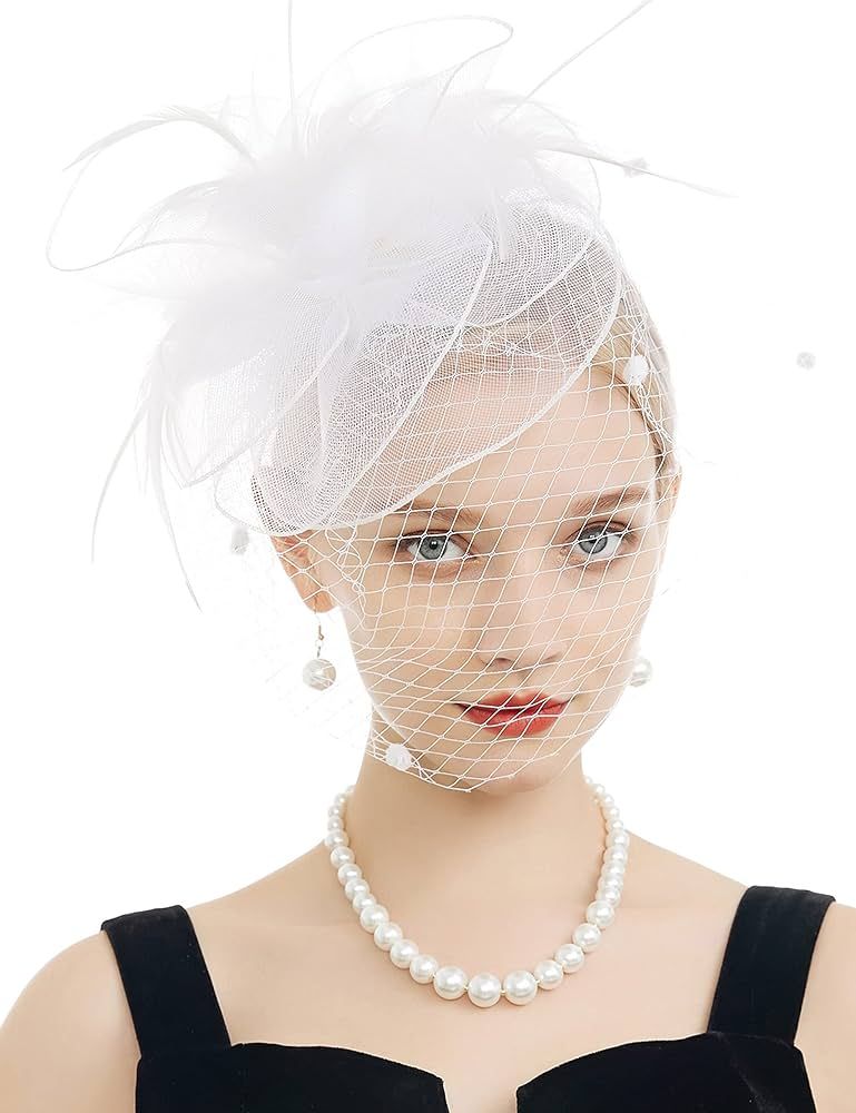 FELIZHOUSE Fascinators for Women Tea Party Hat Birdcage Veil Feather Flower Cocktail Wedding Head... | Amazon (US)