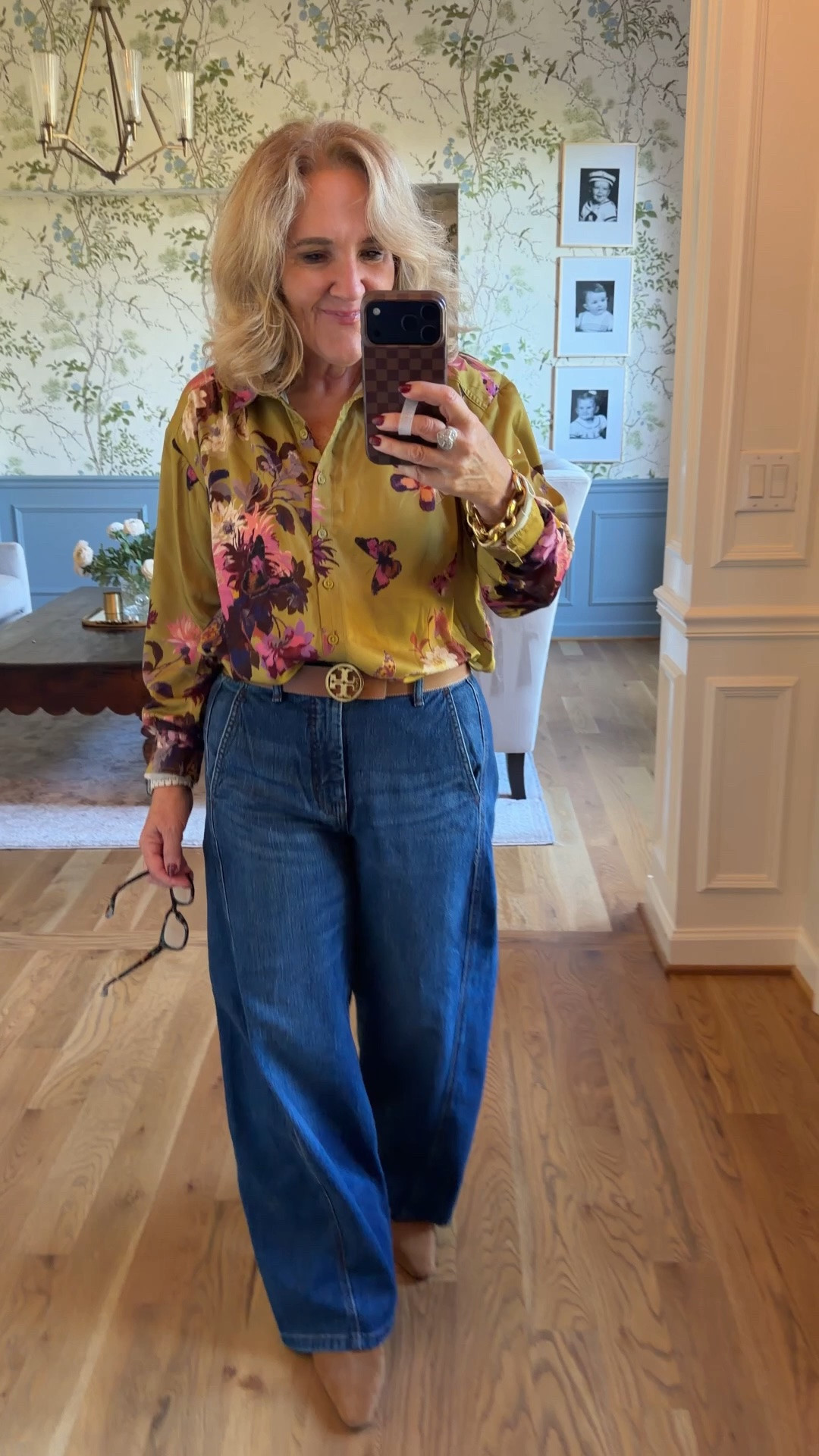 New blouse for Anthropologie. It’s a lightweight satin and it’s a beautiful fall print. With chartreuse and eggplant floral. Wearing a medium.
My jeans I love them so much. I had to buy them the second time in this darker wash. I’m wearing the 29 regular and I probably could’ve sized down.