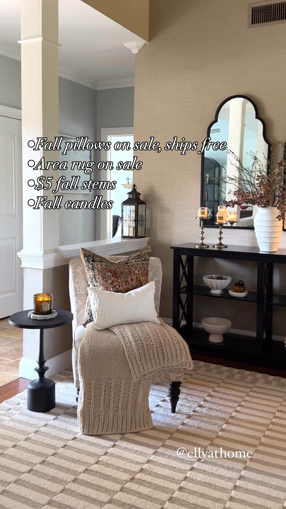 Fall, autumn foyer, entryway styling. Shop fall candles, scallop marble tray, fall florals, candle accessories, throw pillow on sale with free shipping, side table, area rug on sale, mirrors, console table. Fall home decor accessories. 

#LTKSaleAlert #LTKHome #LTKVideo