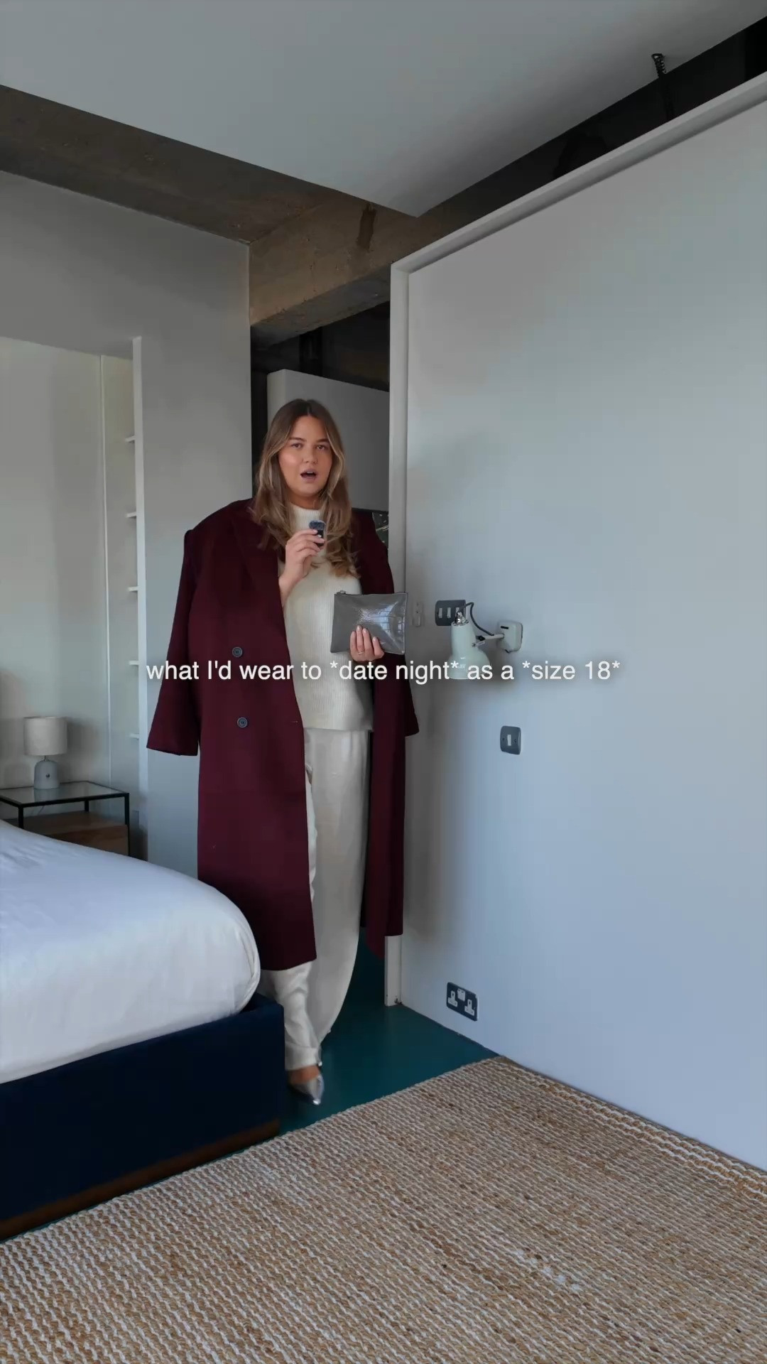 Date night outfit as a size 18, created by a professional stylist

Silk trousers - Ghost UK 18
Cream knit - Uniqlo XXL
Silver heels - H&M dupes tagged
Burgundy oversized coat - ASOS UK 16
Grey shiny clutch - Whistles 

 #LTKFashionMonth #LTKspring #LTKmidsize