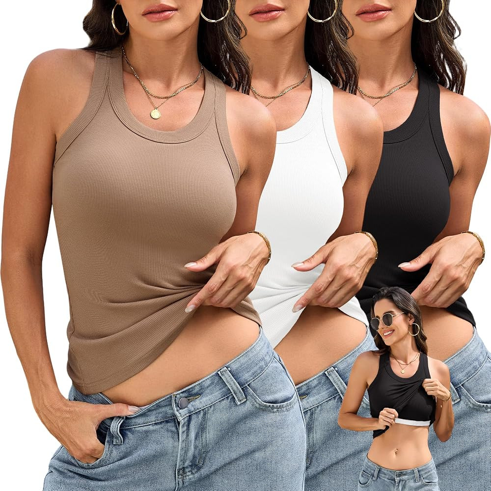 BVNSOZ 3 Piece Womens Tank Tops with Built in Bras Ribbed Sleeveless Casual Shirt Racerback Fitte... | Amazon (US)
