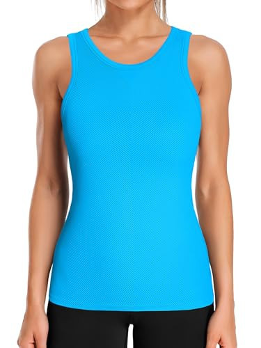 ATTRACO Workout Tank Tops Ribbed Sleeveless Padded Medium Support Yoga Bras Gym Running Tops Blue Medium | Amazon (US)