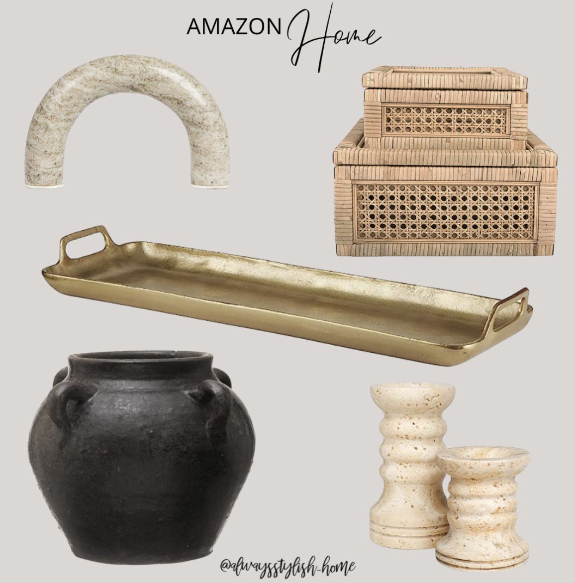 home decor finds, marble arch figurine, rattan storage boxes, travertine candle holders, black vase, gold tray | Amazon (US)