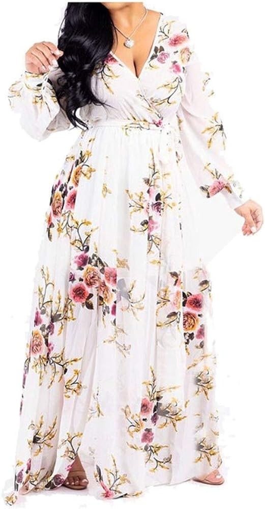 lvenzse Womens Maxi Dress Boho Chiffon Floral Printed V-Neck Long Dresses | Amazon (US)