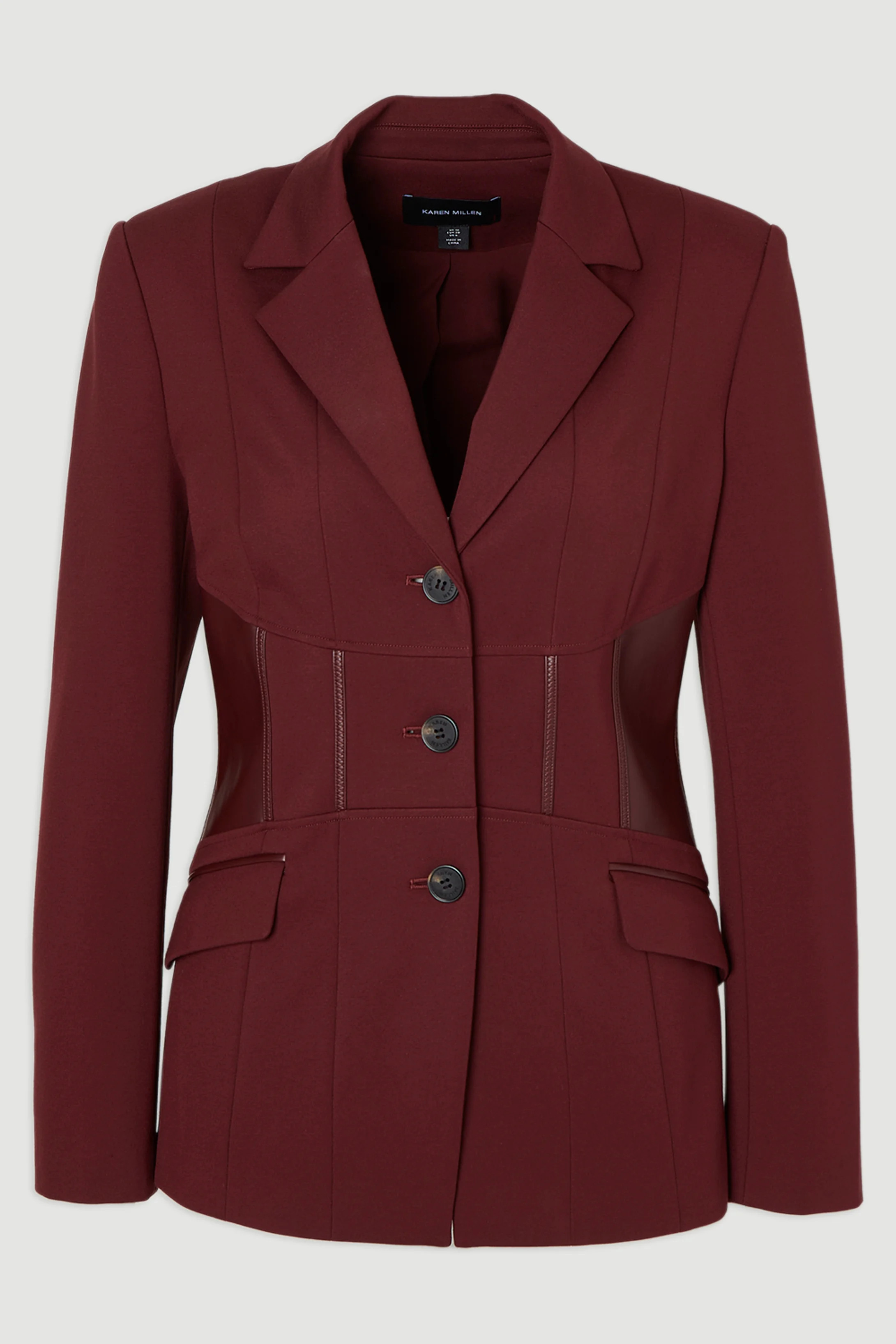 Ponte And Pu Mix Waist Seam Detail Tailored Single Breasted Blazer | Karen Millen US