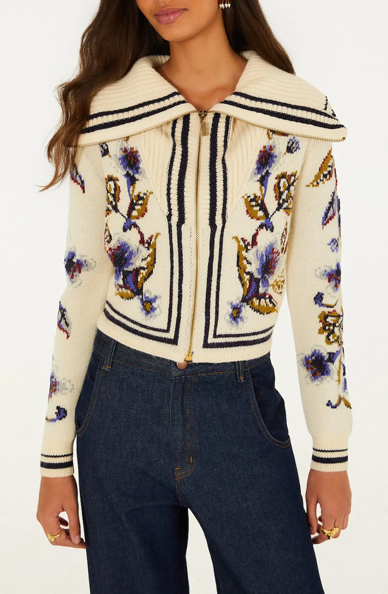 FARM Rio Golden Nature Front Zip Cardigan in Golden Nature Off-Wh at Nordstrom, Size Xx-Small | Nordstrom