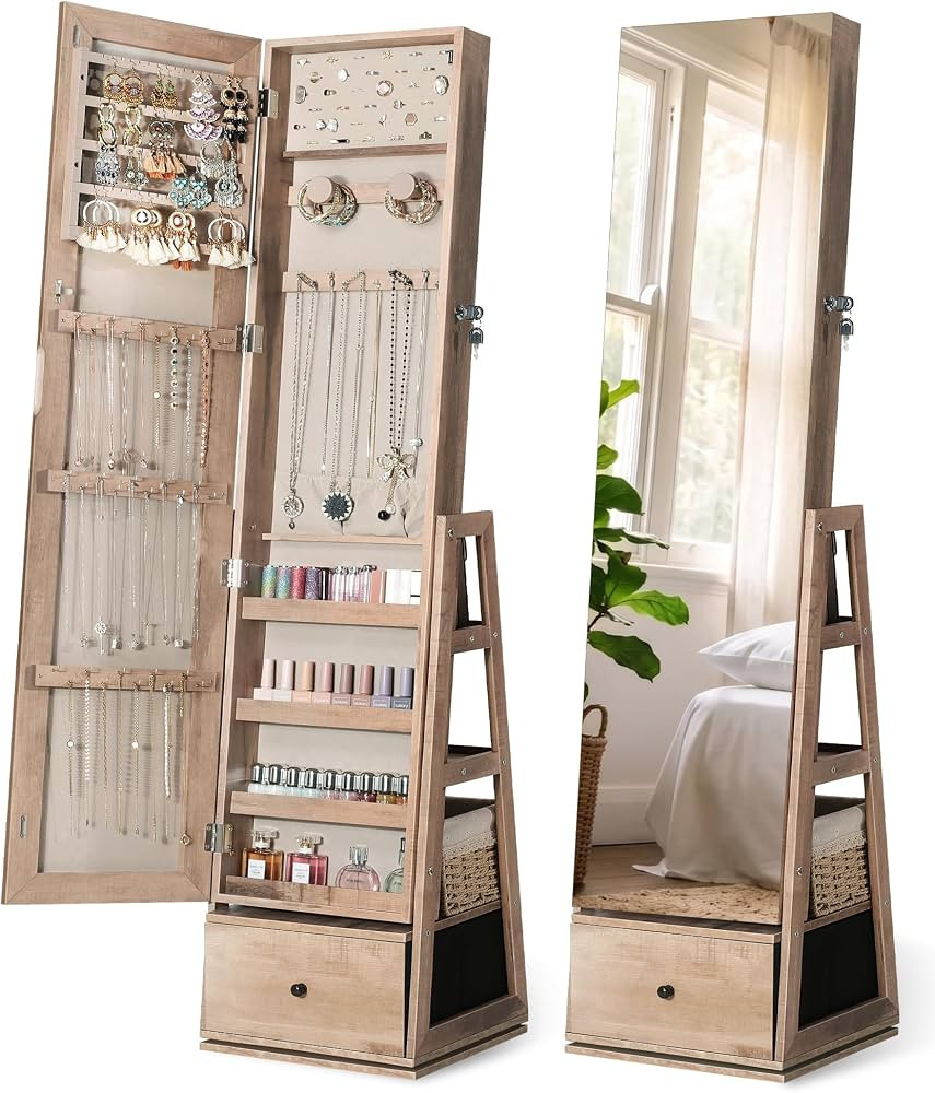 Nicetree 360\u00b0 Swivel Jewelry Cabinet, Full Length Mirror, Lockable, Oak | Amazon (US)