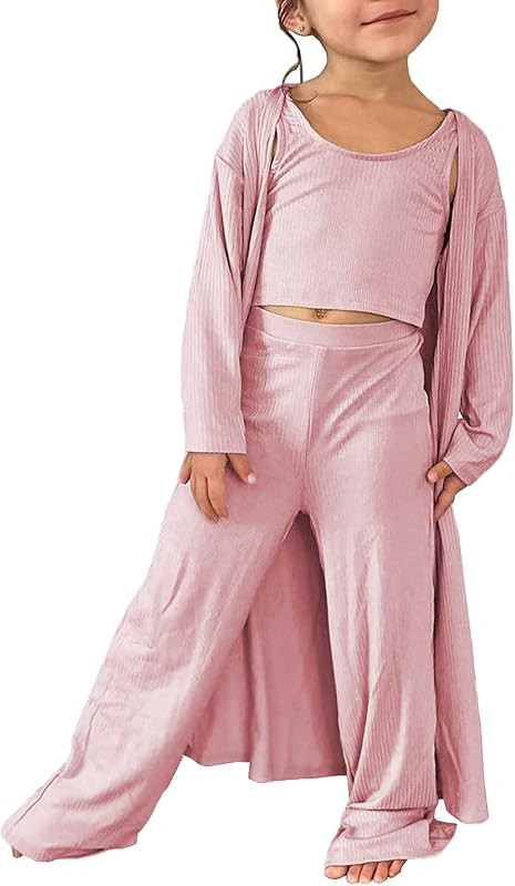 Fessceruna Girls 3 Piece Sweatsuit Outfit Kids Cute Crop Vest Top & High Waist Pants & Cardigan K... | Amazon (US)
