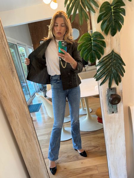 New jeans: a perfect straight leg with an excellent higher rise that holds everything in while being comfortable. Wearing a size 25. I also linked my shoes and tee…jacket is vintage  

#LTKstyletip #LTKshoecrush #LTKworkwear