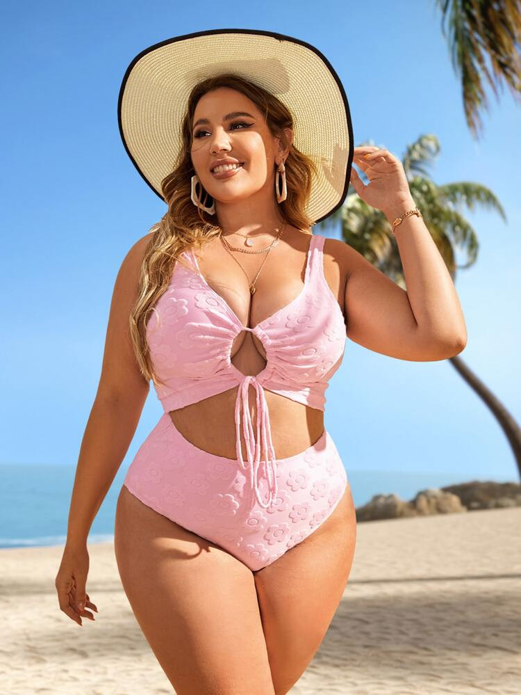 Plus Floral Pattern Cut Out Drawstring Front High Waist Bikini Swimsuit | SHEIN