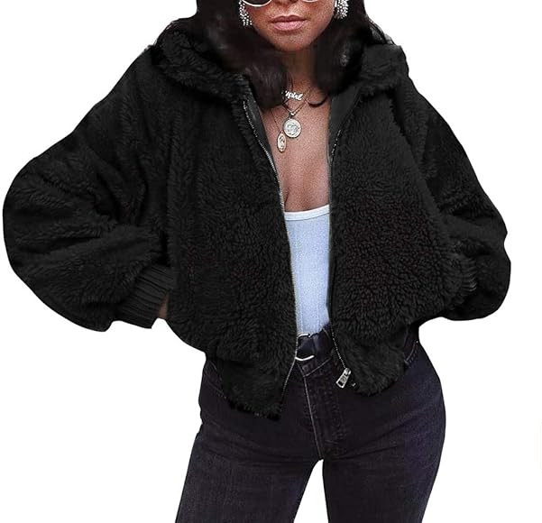 FANCYINN Womens Teddy Cropped Faux Fur Jacket Furry Lapel Coat Zip Up with Pockets Warm Winter | Amazon (CA)