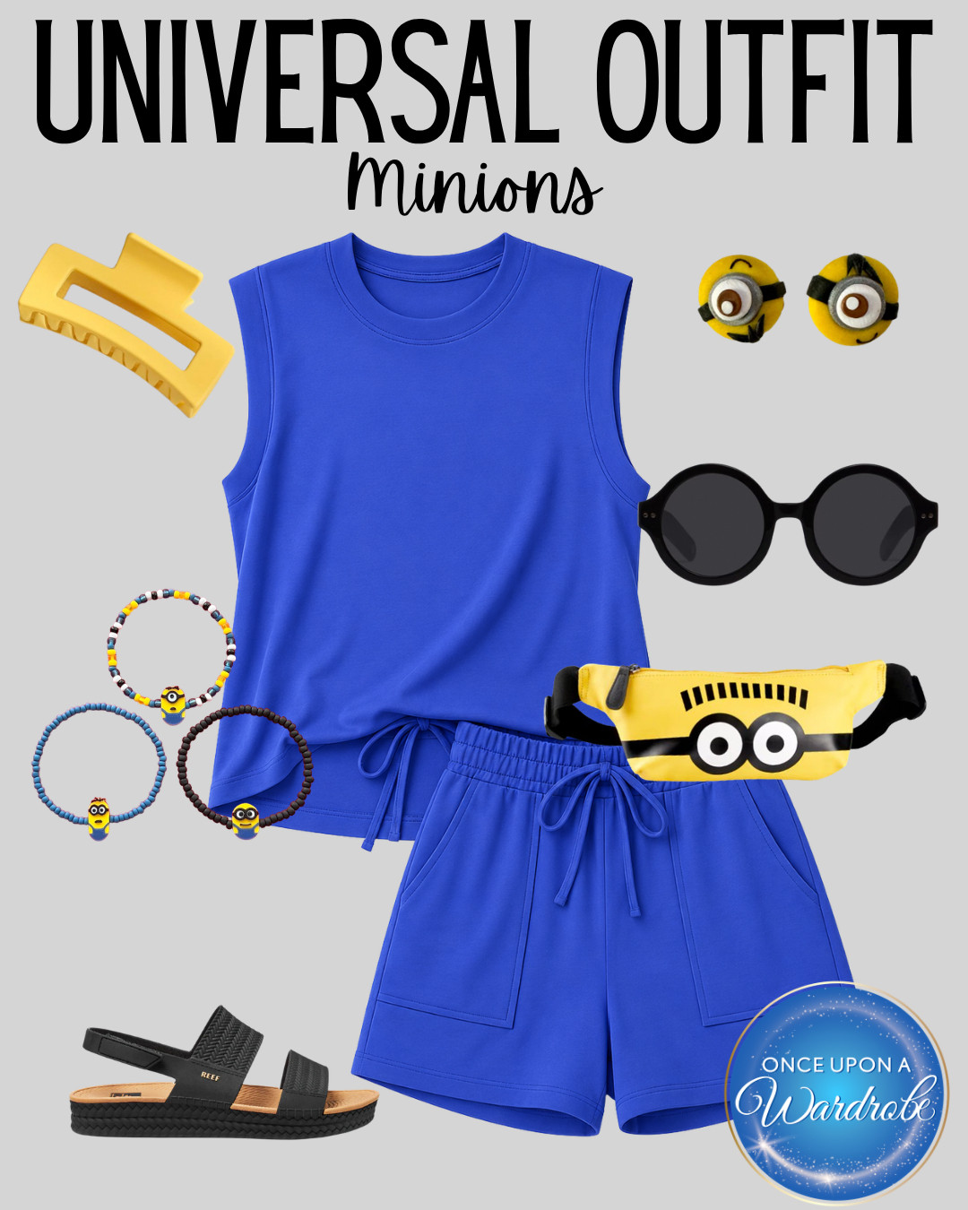 This Minions-inspired Universal outfit is an easy theme park look for Universal Studios Orlando, Universal Hollywood, or a full day in Universal’s Minion Land. A bright blue matching set, yellow accessories, comfy sandals, sunglasses, and playful Minion details make this a fun Universal outfit idea for women who want something cute, comfortable, and photo-ready for the parks. Save this for Universal Studios outfit inspiration, Minion outfit ideas, and theme park packing. 

 #LTKmomlife #LTKTravel