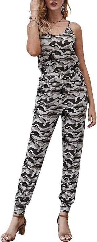 Women’s Camouflage Print Spaghetti Strap Sleeveless Crewneck High Waist Long Jumpsuit Romper wi... | Amazon (US)