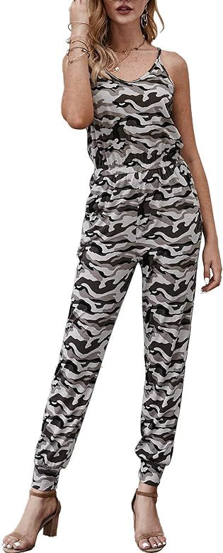 Women’s Camouflage Print Spaghetti Strap Sleeveless Crewneck High Waist Long Jumpsuit Romper wi... | Amazon (US)