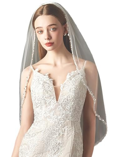 YAEISM Pearl Edge Wedding Veil Sequin Beaded Trim Bridal Veils Elegant Crystal Fingertip Length Bachelorette Party Veil 1 Tier Ivory Tulle Glitter Veils for Brides | Amazon (US)